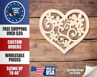Unfinished Wood Flower Heart Shape - Craft - up to 36"