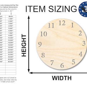 May include: A wooden circle with numbers 1 through 12 printed on it. The circle is 12 inches in diameter. The image also shows a chart with measurements for different sizes of wood shapes.