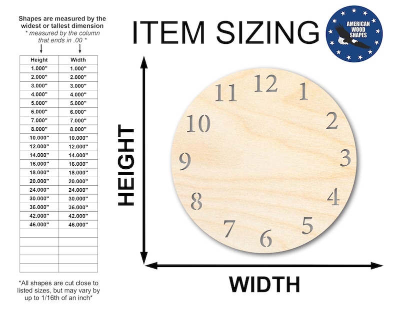 May include: A wooden circle with numbers 1 through 12 printed on it. The circle is 12 inches in diameter. The image also shows a chart with measurements for different sizes of wood shapes.