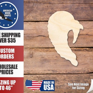 May include: A wooden cutout of a turkey head, in the shape of a profile, with a long neck and a curved beak. The cutout is on a woodgrain background. The text "See Next Image for Sizing" is visible in the bottom right corner.