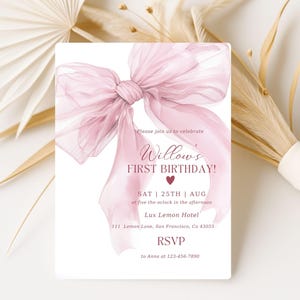 Blush Pink Bow First Birthday Invitation | 5x7 Editable Canva Template | Girl Baby Birthday Party Invite | Instant Download Printable