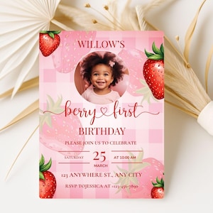 Berry First Birthday Invitation Template | Berry First Birthday | Editable 5x7 Canva | Strawberry Girl Invite | Instant Download | 1st Bday