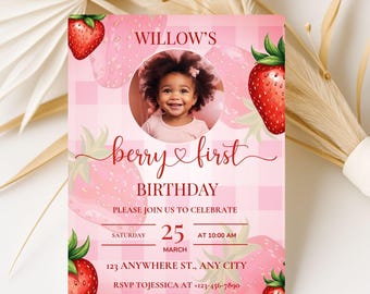 Berry First Birthday Invitation Template: Strawberry Theme, Editable Canva 5x7 (Digital Download