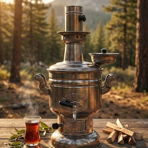 以下が含まれることがあります： 木製のテーブルの上に、紅茶が入った小さなカップと焚き付けがある、ヴィンテージのブロンズ製サモワール。 サモワールには蛇口、ハンドル、煙突が付いています。 紅茶とサモワールから蒸気が立ち上っています。 背景は木々が生い茂る森です。
