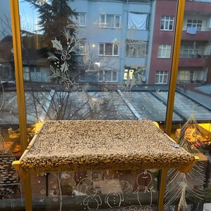May include: A brown, fuzzy cat bed is mounted on a window with a gold frame. The window is decorated with white drawings of holly, snowmen, and a Christmas tree.