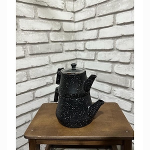 Enamel Teapot Set / Turkish Tea Pot Set, Turkish Samovar Tea Maker, Tea Kettle for Loose Leaf Tea, Self-Strainer Caydanlik with