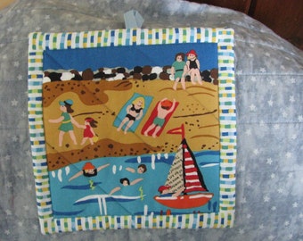 Beach House Potholder: Quilted Cotton Hot Pad, Coastal Decor