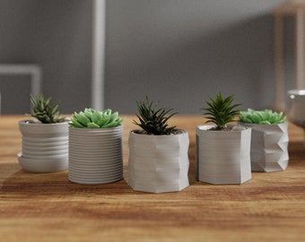 Five pots, 5.5 cm, for succulents, 3D print, bio wood, PLA, nylon, unique set of planters, ideal for gift, geometric shapes, flowerpots