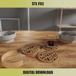 May include: Four wooden coasters with a geometric pattern design. The coasters are on a wooden table with a glass of red liquid and a wooden bowl.
