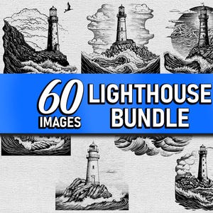 May include: A collection of 60 black and white illustrations of lighthouses. Each image features a lighthouse with waves crashing against the rocks. The images are perfect for use in digital or physical projects.
