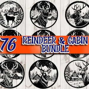 Cabaña rústica y reno SVG / Paquete de imágenes prediseñadas de vacaciones de invierno / 19 archivos de corte navideños para Cricut Silhouette / Diseños vectoriales PNG DXF EPS