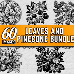 May include: A set of 60 black and white illustrations of leaves and pine cones. The images are perfect for crafting, scrapbooking, and other creative projects.