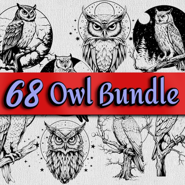 Owl SVG Bundle Eerie Night owl Boho Owl Tattoo Printable Barn Owl Head Clipart Mystic Owl Logo Laser Engraving File Owl Moon Decal DTG