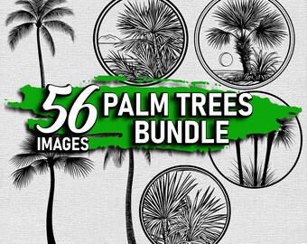 Op de afbeelding: Een digitale download van 56 zwart-wit illustraties van palmbomen. De afbeeldingen zijn perfect voor het maken van ontwerpen, patronen en kunstwerken.
