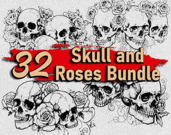Skull svg Bundle Roses Laser Engraving Tumbler Skulls and Roses DTG Printable Eerie Skull Logo Vintage Skull Tattoo Clipart Rose Decal