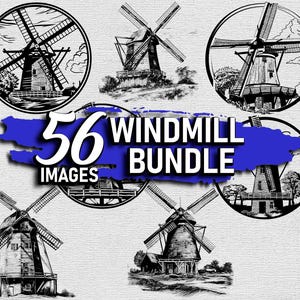 Paquete SVG de molino de viento vintage para grabado láser, PNG, molino de viento holandés rústico, clipart DIY, molino de viento clásico, impresión HTV, descarga