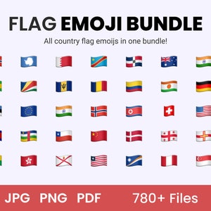May include: A collection of 36 country flag emojis arranged in a grid. The flags are all waving. The text "FLAG EMOJI BUNDLE" is at the top of the image. The text "All country flag emojis in one bundle!" is below the title. The text "JPG PNG PDF 780+ Files" is at the bottom of the image.