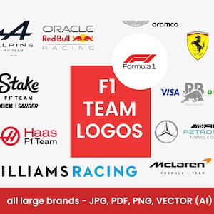 Może przedstawiać: Zbiór logo zespołów Formuły 1, w tym Alpine, Oracle Red Bull Racing, Stake, Haas, Williams Racing, McLaren, Mercedes, Petronas i Aramco. Loga są wyświetlane na czerwonym tle z tekstem "F1 Team Logos" w kolorze białym.