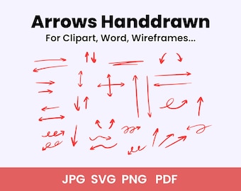 May include: A set of 20 hand-drawn red arrows in various styles, including left, right, up, down, diagonal, and curved arrows. The arrows are on a white background with the text "Arrows Handdrawn" and "For Clipart, Word, Wireframes..." at the top and "JPG SVG PNG PDF" at the bottom.