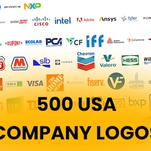 Könnte beinhalten: Eine Collage aus 500 Logos von großen US-Unternehmen, darunter Apple, Microsoft, Amazon und viele mehr. Die Logos sind in einem Raster auf gelbem Hintergrund angeordnet.