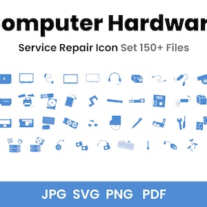 Puede incluir: Un conjunto de 36 iconos azules de reparación de hardware de computadora. Los iconos representan varios componentes de computadora, herramientas y accesorios. Los iconos están dispuestos en una cuadrícula sobre un fondo blanco. El texto "Computer Hardware" y "Service Repair Icon Set 150+ Files" se muestra arriba de los iconos. El texto "JPG SVG PNG PDF" se muestra debajo de los iconos.