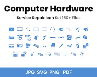 Op de afbeelding: Een set van 36 blauwe pictogrammen voor het repareren van computerhardware. De pictogrammen tonen verschillende computeronderdelen, gereedschappen en accessoires. De pictogrammen zijn gerangschikt in een raster op een witte achtergrond. De tekst "Computer Hardware" en "Service Repair Icon Set 150+ Files" wordt boven de pictogrammen weergegeven. De tekst "JPG SVG PNG PDF" wordt onder de pictogrammen weergegeven.