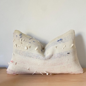 Vintage Handwoven Hemp Lumbar Pillow – Cream Kilim Boho Textile (16x20) (only 1 available)