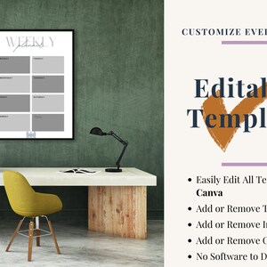 May include: Editable weekly planner template with a grey and white colour scheme. The template is customisable in Canva and includes the text "Weekly Planner".