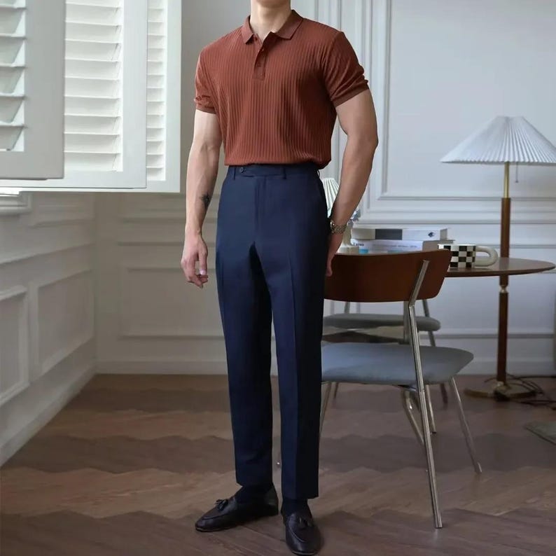 Men's Knit Polo Shirt Short Sleeve Striped Button Down Retro Knitwear Top