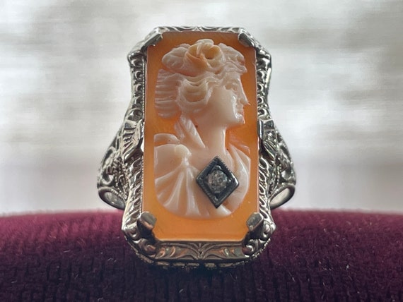Antique 14k White Gold Cameo Ring With Diamond Etsy