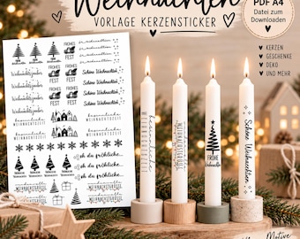 May include: A digital A4 PDF file containing a collection of black and white Christmas-themed candle sticker designs. The sheet features various holiday motifs, including pine trees, houses, snowflakes, gift boxes, and German holiday text.