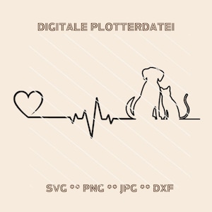 Archivo de trazador SVG latido perro y gato ECG amor DIY regalo descarga digital png dxf Plantilla de Cricut y Silhouette
