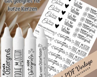 Easter candle tattoos, Easter egg, Easter bunny PDF template for short candles, waterslide decal for self-printing.