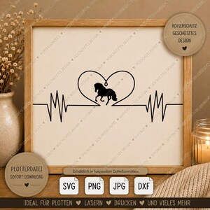 May include: A square wooden frame containing a cream-colored print with a black line art design. The design features a heartbeat EKG line forming a heart shape in the center, with a silhouette of a horse inside the heart. The print includes text.