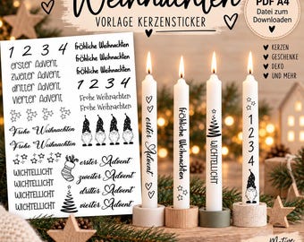 May include: A digital sheet of printable candle decals featuring black text and graphics including numbers, stars, gnomes, and holiday phrases like 'Frohe Weihnachten' and 'erster Advent'. Four white candles display these applied designs.