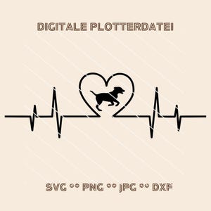 Op de afbeelding: Een zwart silhouet van een hond in een hart, geïntegreerd in een hartslaglijn. De afbeelding bevat de tekst "DIGITALE PLOTTERDATEI" bovenaan en bestandsindelingen: SVG, PNG, JPG en DXF, op een lichte achtergrond.