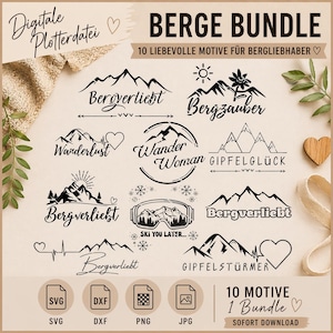 Può includere: Un pacchetto di download digitale con disegni a tema montagna in nero. I disegni includono sagome di montagne, testo come "Bergverliebt", "Wanderlust" e "Ski You Later..." e icone di tipo di file. Il testo "BERGE BUNDLE" è visibile.