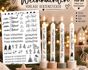 May include: A digital A4 PDF file for candle stickers featuring black text and graphics including the phrases Weihnachten, erster Advent, Frohe Weihnachten, and Wichtellicht, alongside four white candles in holders with applied sticker designs.