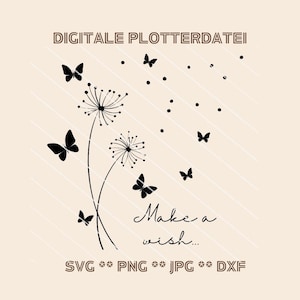 Plotterbestand SVG paardenbloem "Make a Wish" – vlinderontwerp, doe-het-zelfdecoratie, cadeau-ideeën, digitale download, dxf-plottersjabloon