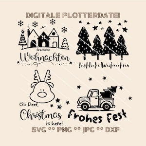 Christmas plotter file – 4-piece SVG bundle with Christmas motifs | Houses, reindeer, fir trees & Merry Christmas | Digital file for plotting (dxf)