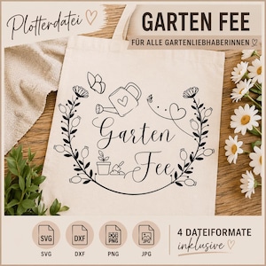 Pode incluir: Uma sacola bege com um design floral preto e as palavras "Garten Fee". O design inclui um regador, flores e o texto "Für alle Gartenliebhaberinnen". Inclui formatos de arquivo SVG, DXF, PNG e JPG.