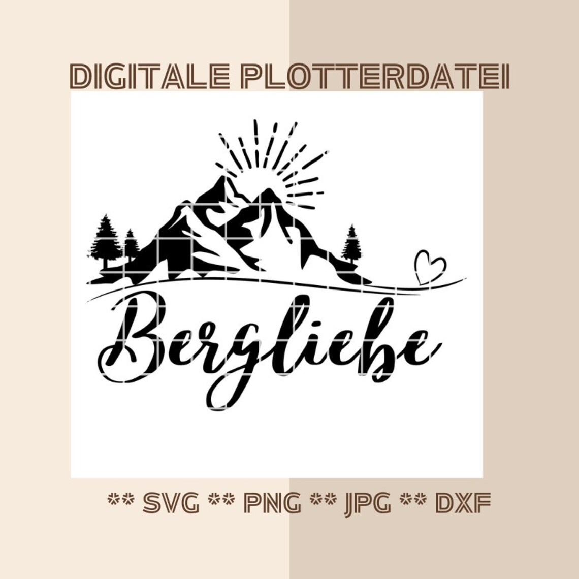 Plotterdatei Herz Bergliebe mit Sonne digitaler download svg png jpg