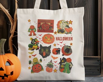 Retro Halloween Tote Bag Cute Vintage Spooky Halloween Bag Trick or Treating Bag Vintage Black Cat Pumpkins Witch Tote Purse for Women Kids