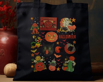 Retro Halloween Tote Bag Cute Vintage Spooky Halloween Bag Trick or Treating Bag Vintage Black Cat Pumpkins Witch Tote Purse for Women Kids