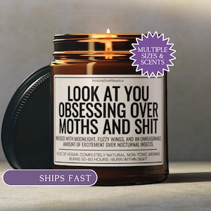 May include: A brown glass candle jar with a black lid and a white label reading LOOK AT YOU OBSESSING OVER MOTHS AND SHIT. The label includes text about vegan ingredients and 9 oz weight. A purple starburst graphic states MULTIPLE SIZES & SCENTS.