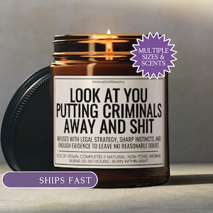 May include: A brown glass jar candle with a black lid and a white label featuring the text: LOOK AT YOU PUTTING CRIMINALS AWAY AND SHIT. INFUSED WITH LEGAL STRATEGY, SHARP INSTINCTS, AND ENOUGH EVIDENCE TO LEAVE NO REASONABLE DOUBT. 9 OZ OF VEGAN.