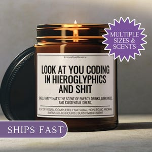 May include: A lit brown glass candle jar with a black lid. The label reads "LOOK AT YOU CODING IN HIEROGLYPHICS AND SHIT." The candle is 9 oz and has a burn time of 50-60 hours. The text "MULTIPLE SIZES & SCENTS" is also visible.