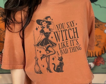 Halloween Witch Shirt for Women Vintage Halloween Womens TShirt Cute Retro Spooky Tee Comfort Colors Spooky Witchy Cat Fall Autumn Gifts Her