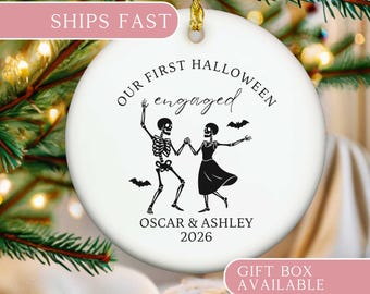 Custom First Halloween Engaged Gift for Newly Engaged Couples Personalized Goth 1st Christmas Ornament Her Him Skeleton Boo Basket Stuffer