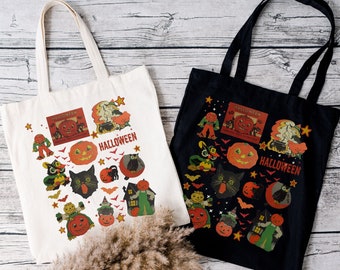 Retro Halloween Tote Bag Cute Vintage Spooky Halloween Bag Trick or Treating Bag Vintage Black Cat Pumpkins Tote Purse for Women Kids